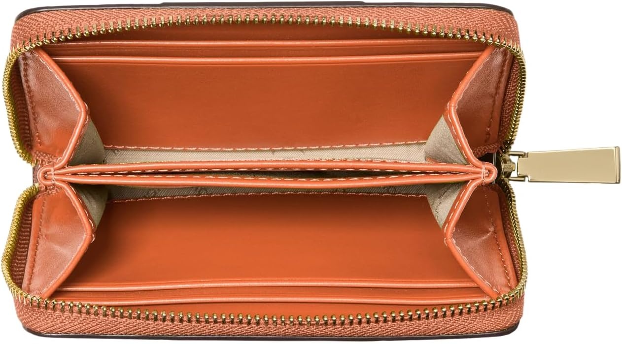 image:imageMichael Kors Jet Set Small Zip Around Card CaseGoldTone HardwareSignature with Center StripeOrange Punch