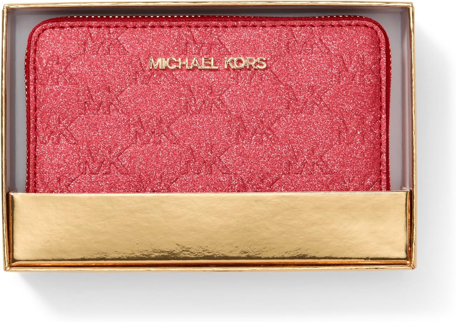 image:imageMichael Kors Jet Set Small Zip Around Card CaseGoldtone HardwareMk Embossed GlitterCrimson