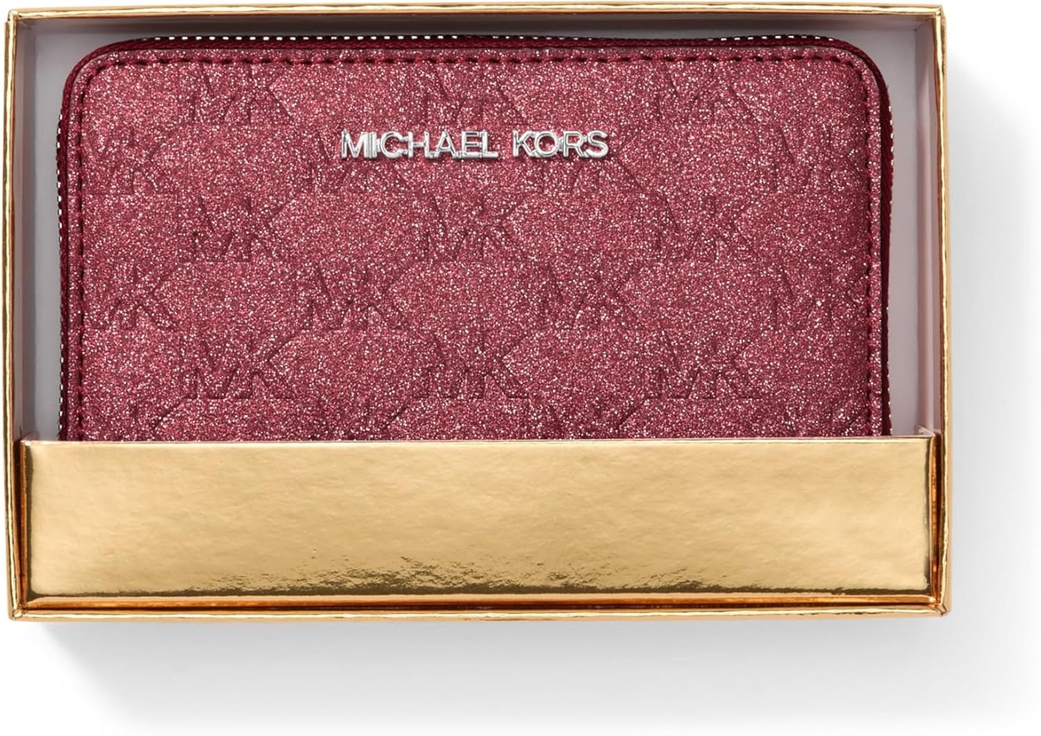 image:imageMichael Kors Jet Set Small Zip Around Card CaseSilvertone HardwareMk Embossed GlitterOxblood