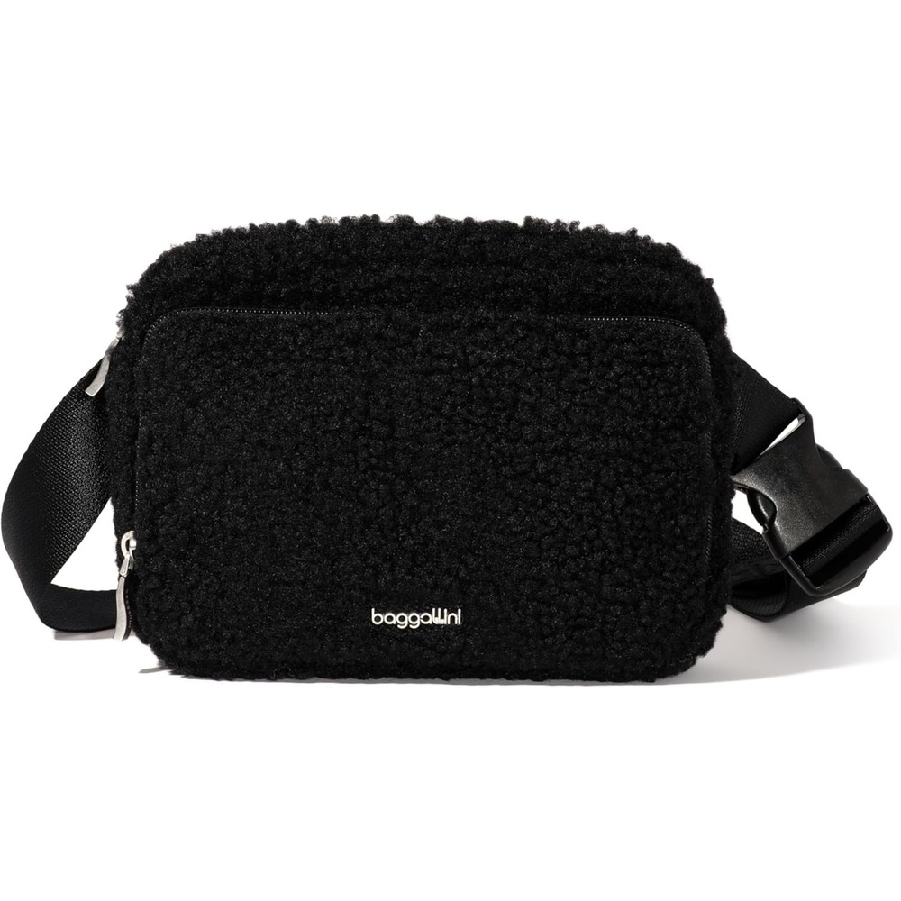 image:imageBaggallini Modern Belt Bag 5x8 Travel Fanny Pack Sling Bag Waistpack wRFID Card Holder Waterresistant Crossbody BagBlack Faux Sherpa