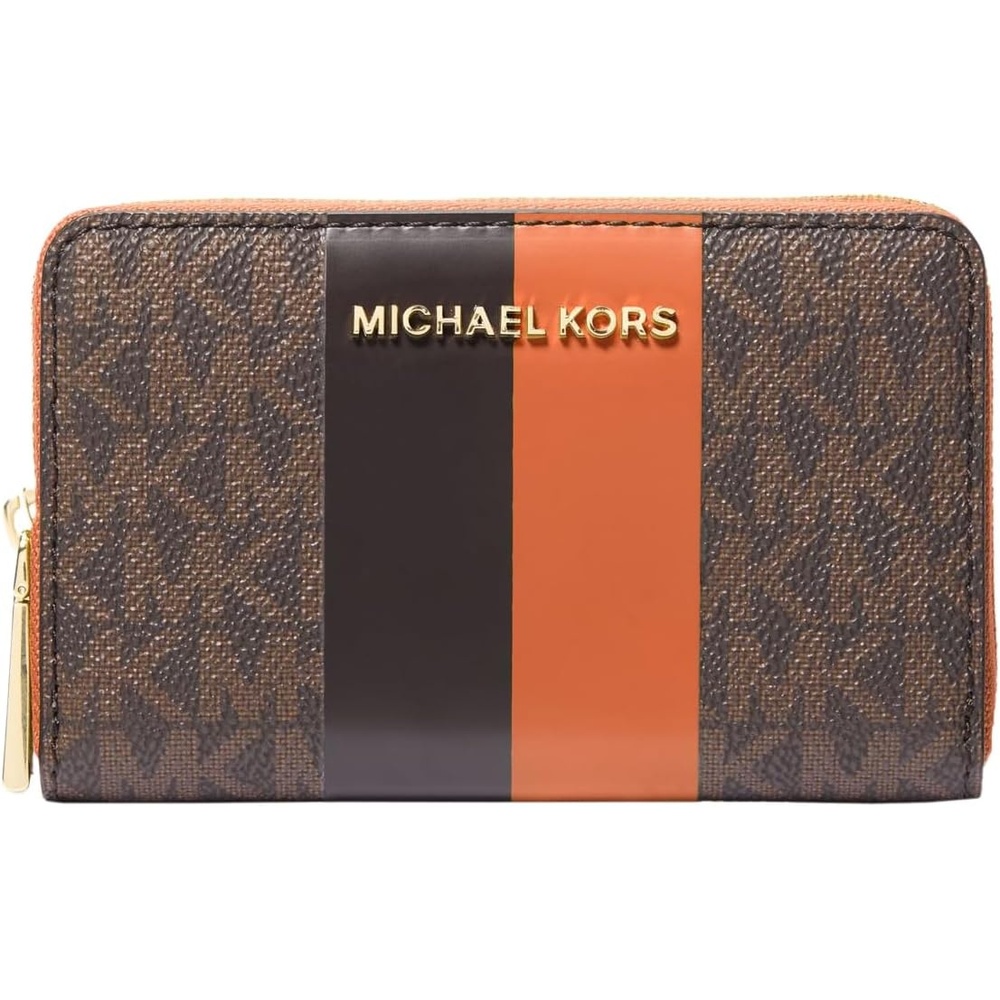image:imageMichael Kors Jet Set Small Zip Around Card CaseGoldTone HardwareSignature with Center StripeOrange Punch