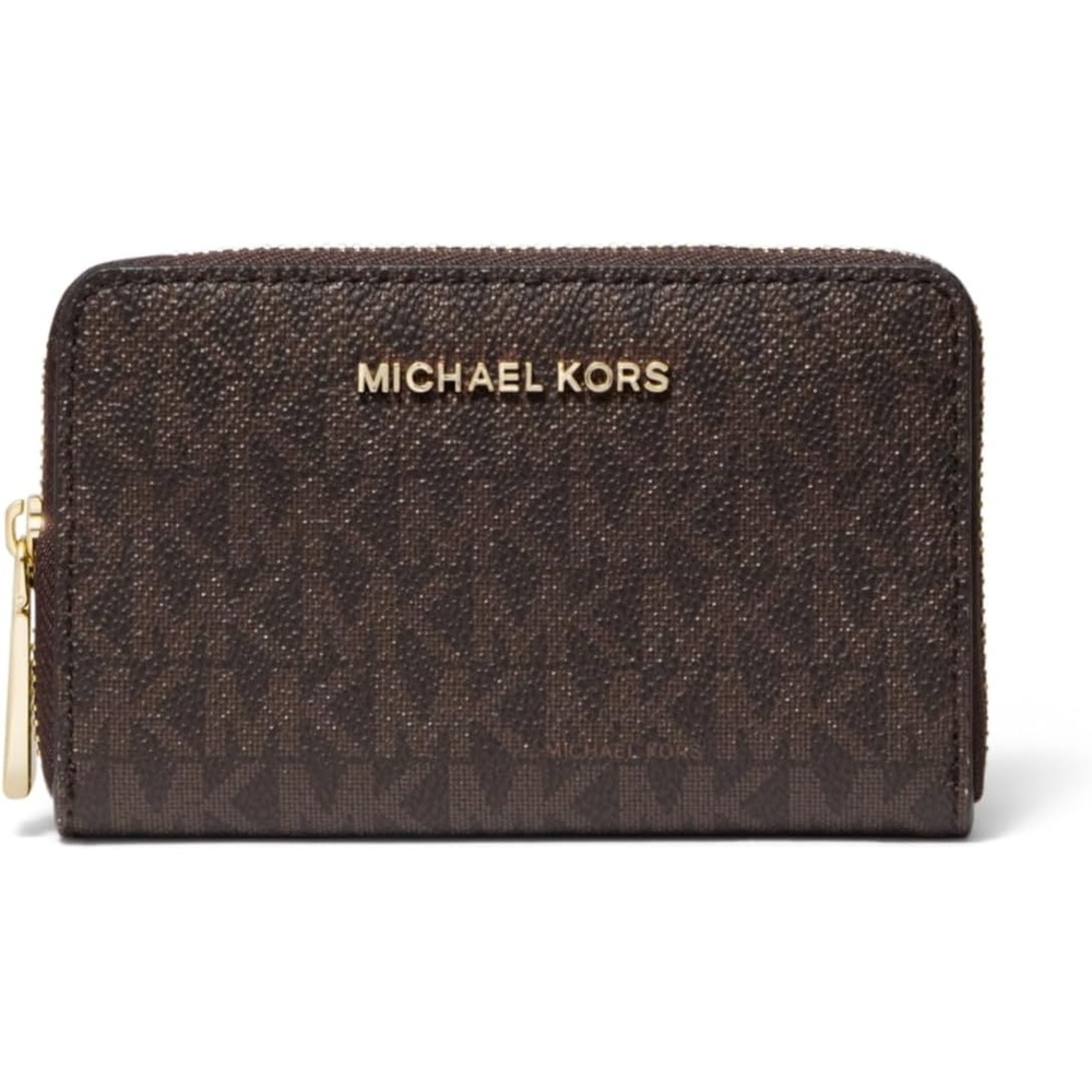 image:imageMichael Kors Jet Set Small Zip Around Card CaseGoldtone HardwareMk Signature Coated TwillBrownBlack