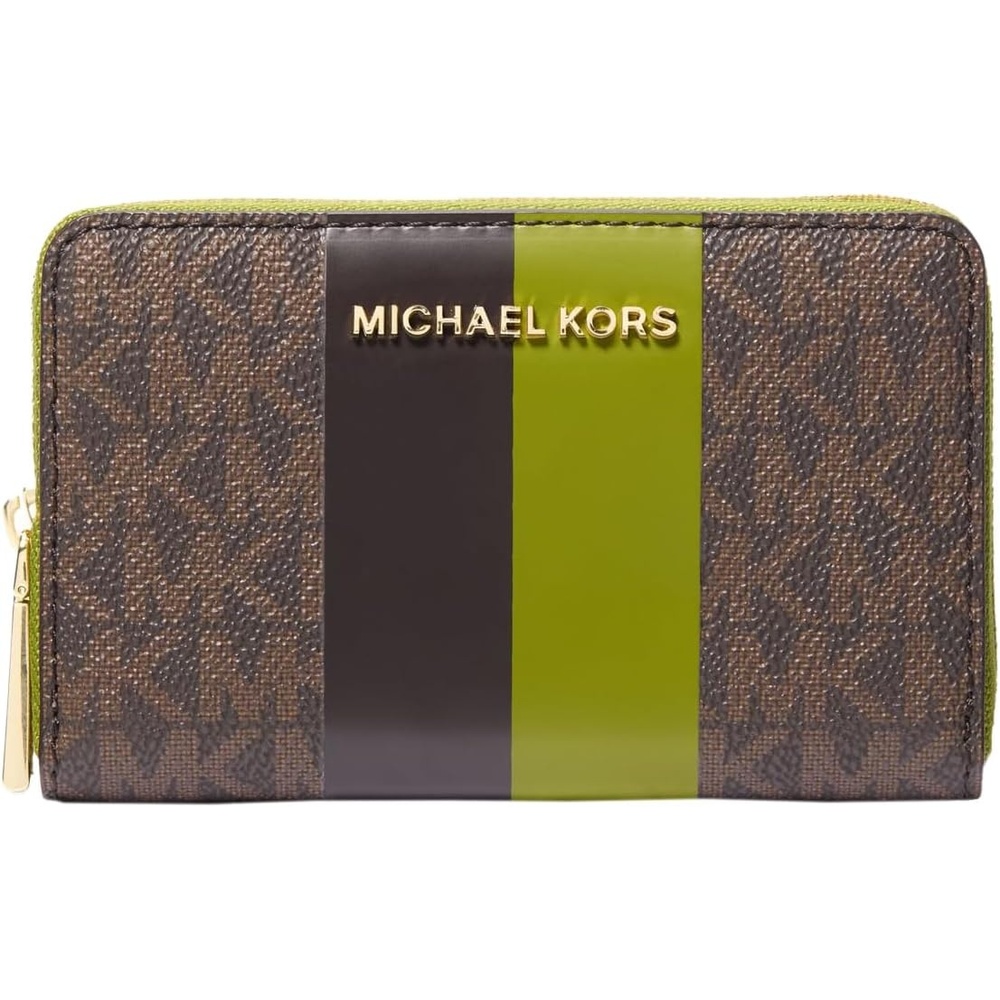 image:imageMichael Kors Jet Set Small Zip Around Card CaseGoldtone HardwareSignature With Center StripeMeadow Green