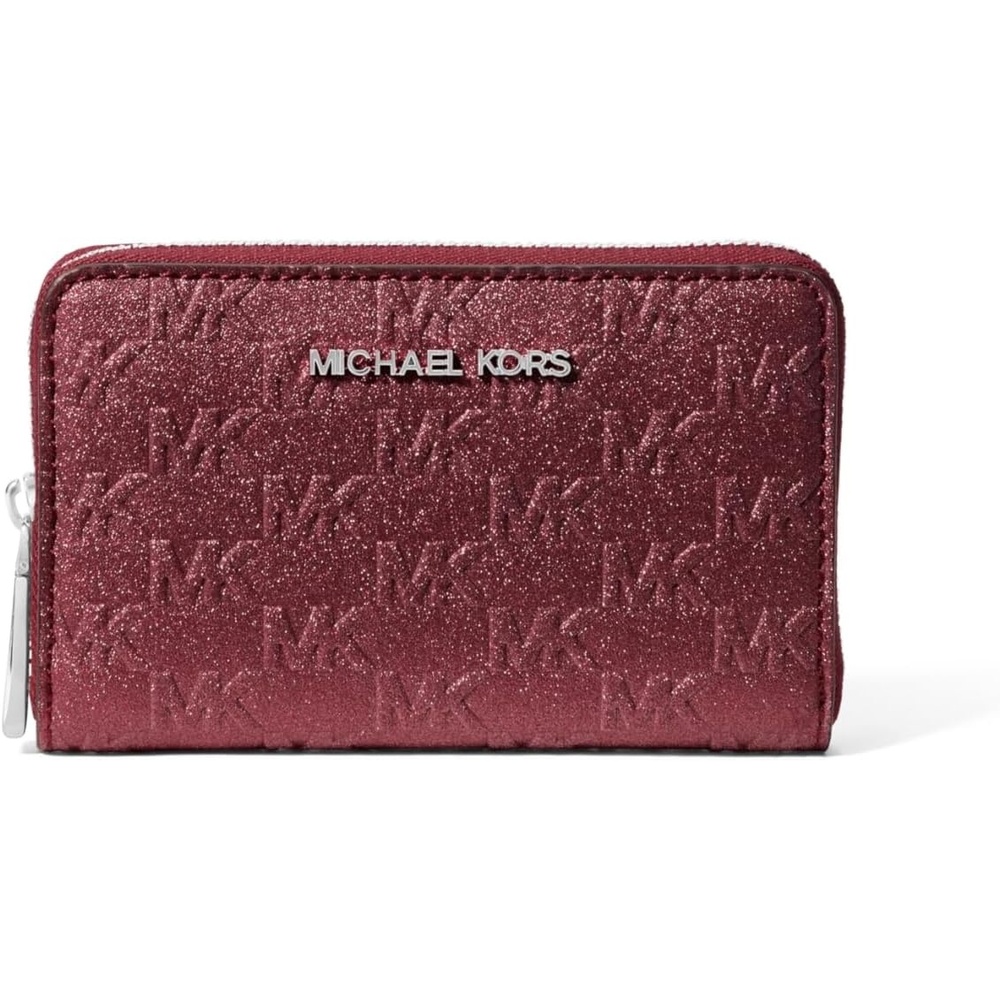 image:imageMichael Kors Jet Set Small Zip Around Card CaseSilvertone HardwareMk Embossed GlitterOxblood